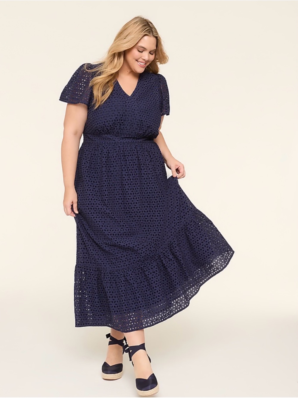 Lane Bryant Blue Flutter Sleeve Eyelet Dress Size 22 Navy Maxi